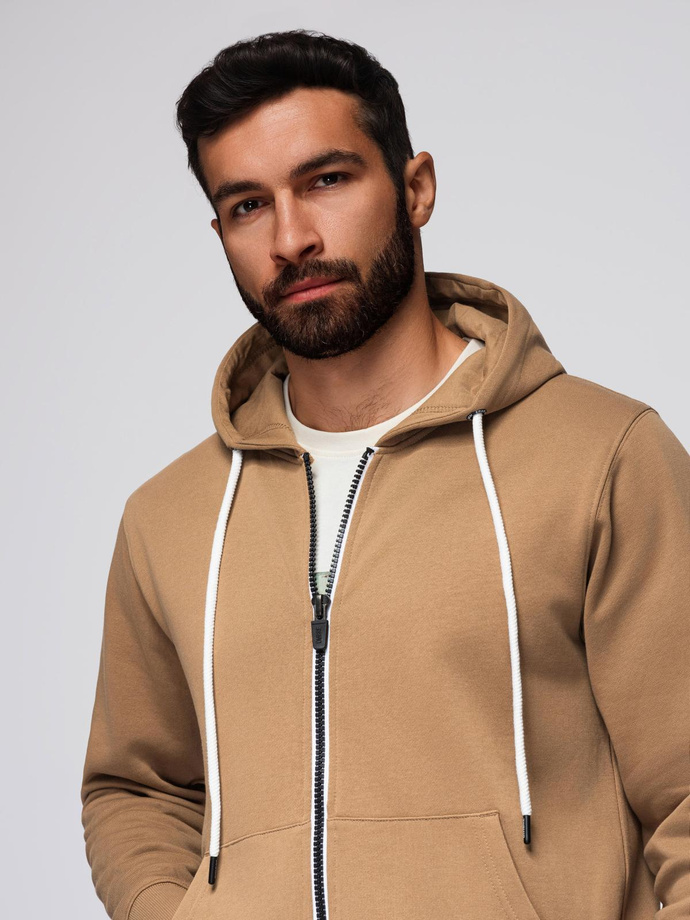 Bluza męska dresowa BASIC rozpinana z kapturem - brązowa V2 OM-SSBZ-0178