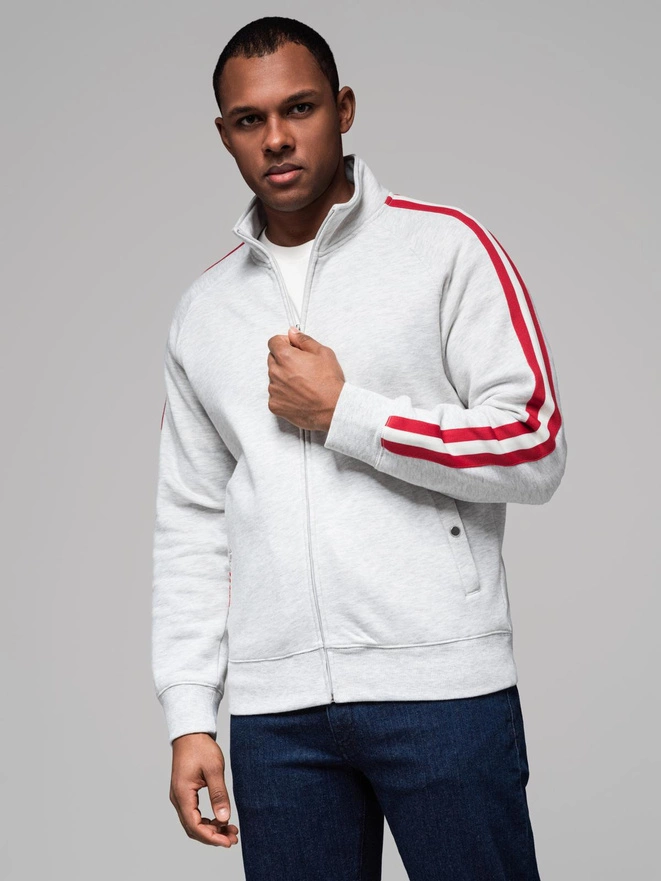 Męska bluza dresowa z wysokim kołnierzem i lampasami – szary melanż V1 OM-SSZP-0219