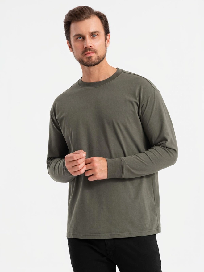 Bawełniany męski longsleeve LOOSE FIT z okrągłym dekoltem – szarozielony V3 OM-LSBC-0129