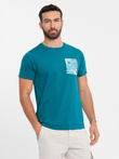 Bawełniany męski t-shirt z printowaną kieszonką  – turkusowy V1 OM-TSPT-0228