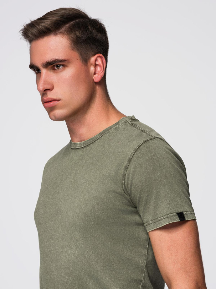 Męski t-shirt z efektem sprania – oliwkowy V4 OM-TSWT-0116