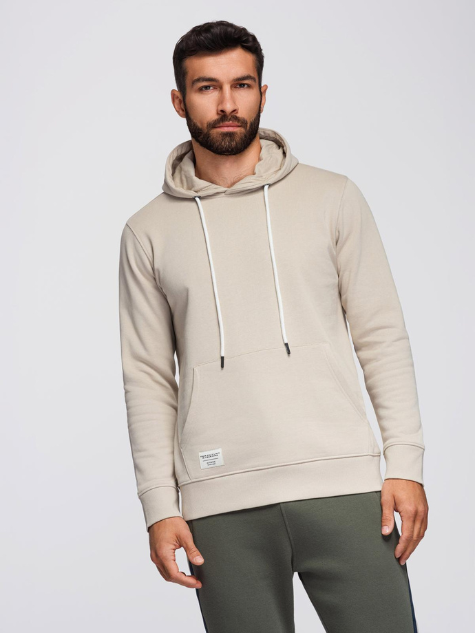 Męska bluza dresowa BASIC kangurka z kapturem - jasnobeżowa V1 B1674