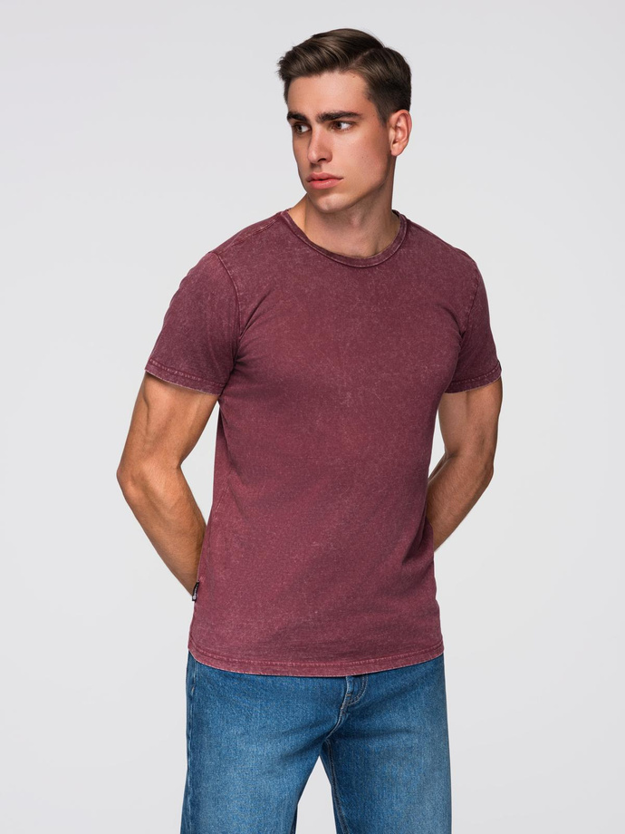 T-shirt męski z efektem sprania – burgundowy V3 OM-TSWT-0116