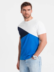 T-shirt męski trójkolorowy bawełniany - biało-niebieski V4 OM-TSCT-0174