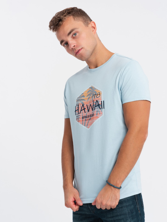 T-shirt męski bawełniany z nadrukiem - błękitny V2 S1740