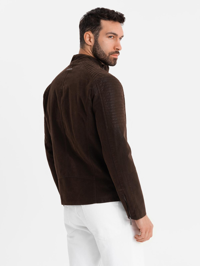 ジャケット・アウター Sillage MANTEAU COURT 3 POCHES Męska kurtka biker w stylu retro ze stójką – brązowa V1 OM