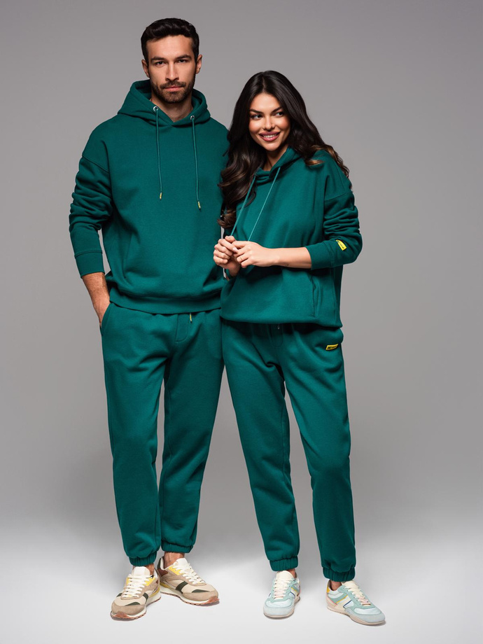 Komplet dresowy UNISEX bluza z kapturem + spodnie ze ściągaczami w stylu athleisure – ciemnozielony V17 Z111