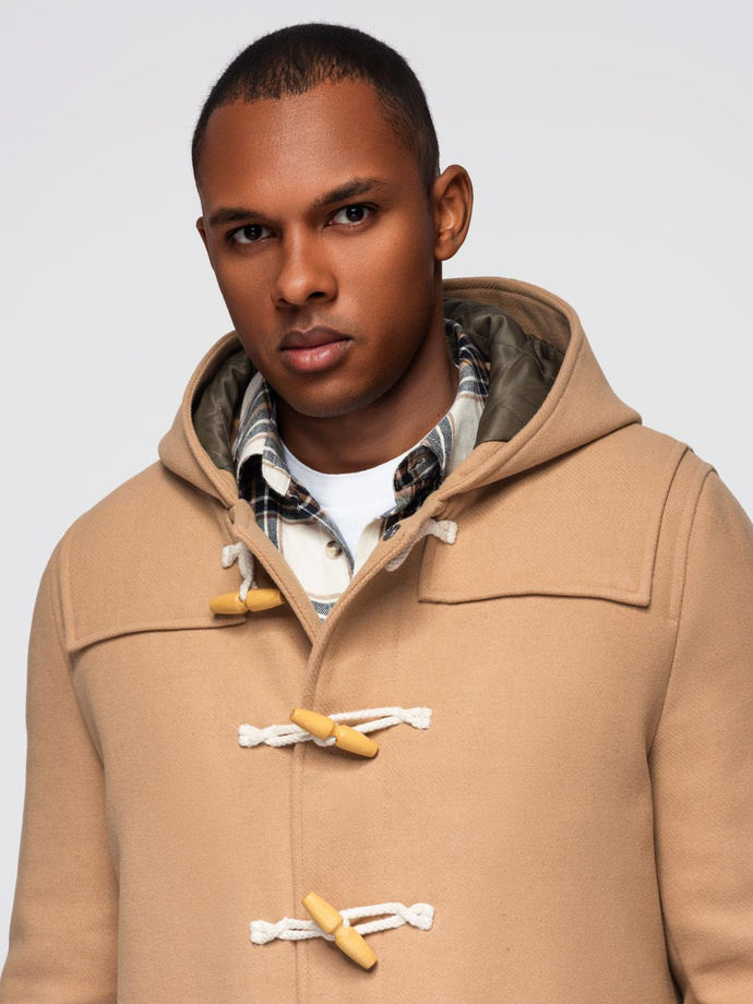 Płaszcz męski z wełną i kapturem duffle coat – jasnobrązowy V1 OM-COWC-0131