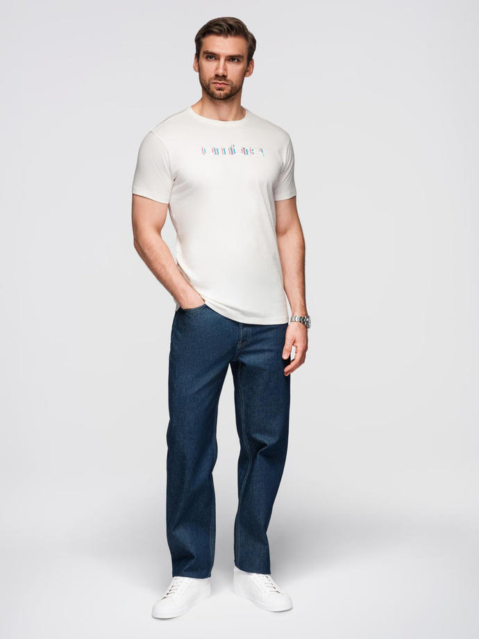 T-shirt męski z haftem na klatce piersiowej – biały V2 OM-TSPT-0248