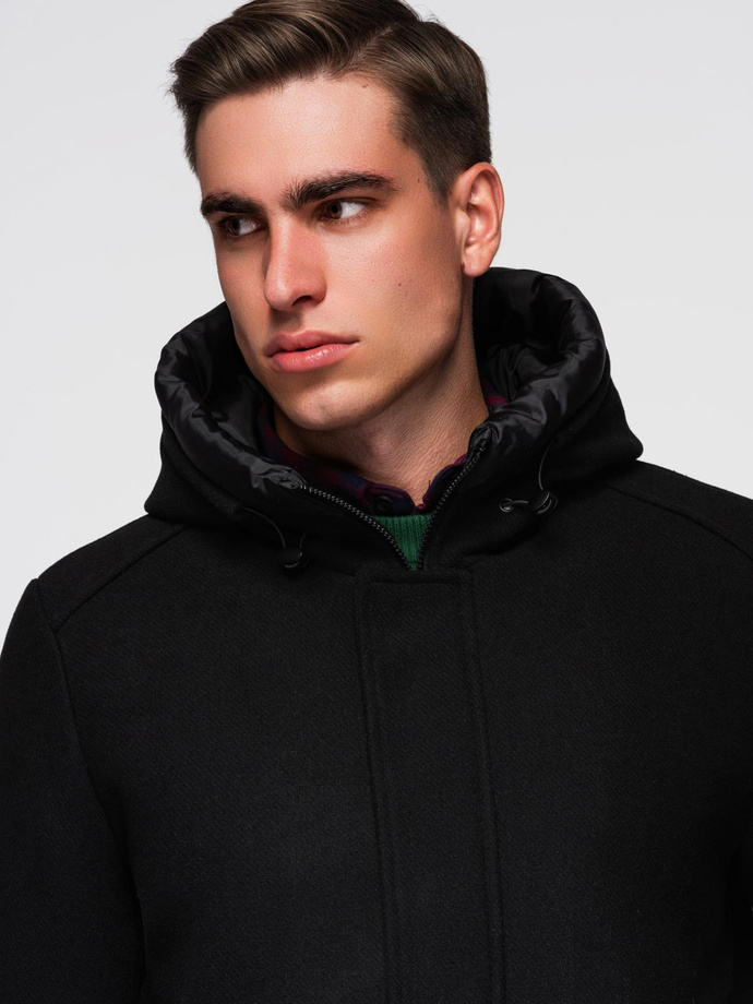 Płaszcz męski parka z wełną i kapturem - czarny V1 OM-COWC-0132
