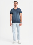 Bawełniany męski t-shirt V-neck z dzianiny z efektem sprania - granatowy V7 OM-TSWT-0242