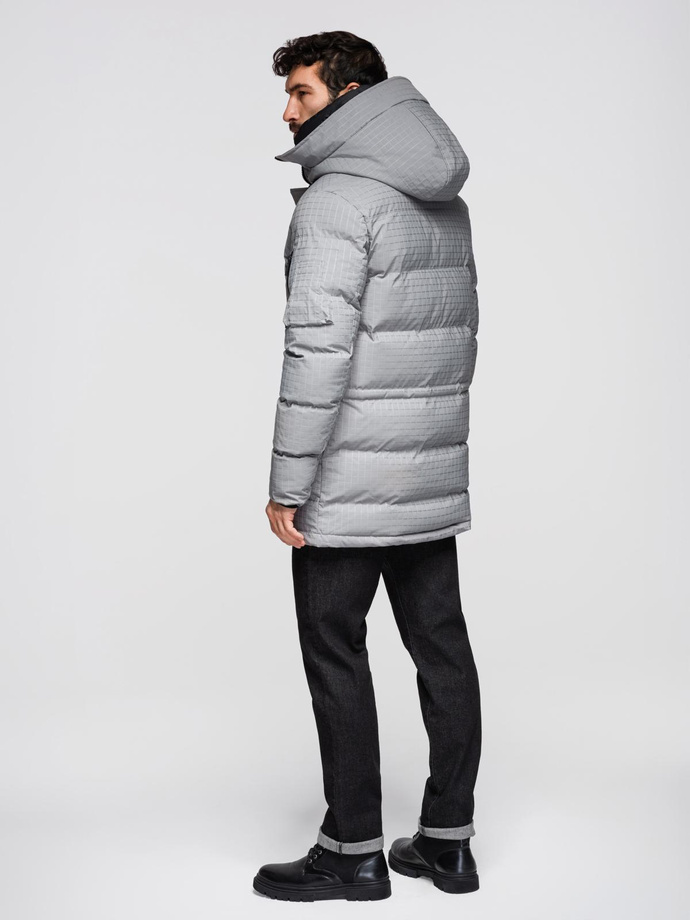Długa męska kurtka parka ze strukturalnej tkaniny – szara V2 OM-JALJ-0201
