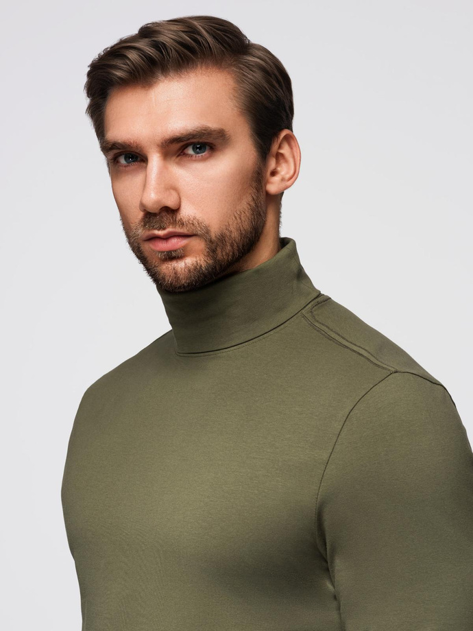 Longsleeve męski gładki z golfem - ciemnooliwkowy V4 OM-LSCL-0130