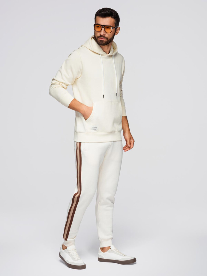 Męska bluza dresowa BASIC kangurka z kapturem - kremowa V11 B1674