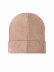 Czapka męska dzianinowa beanie z haftowanym napisem – piaskowa V6 OM-ACWH-0120