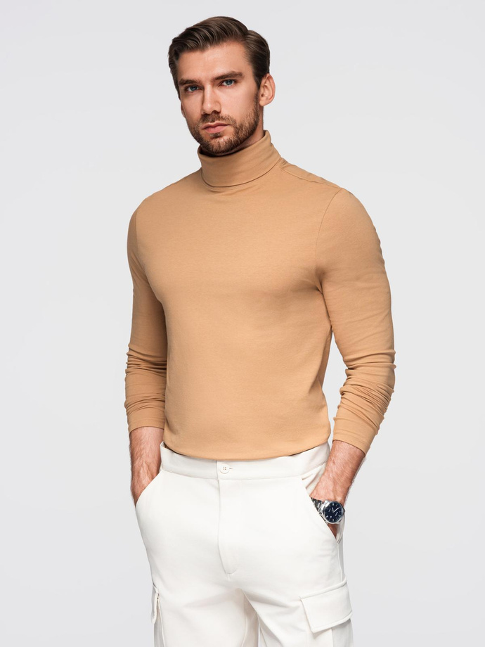 Męski longsleeve gładki z golfem - jasnobrązowy V5 OM-LSCL-0130