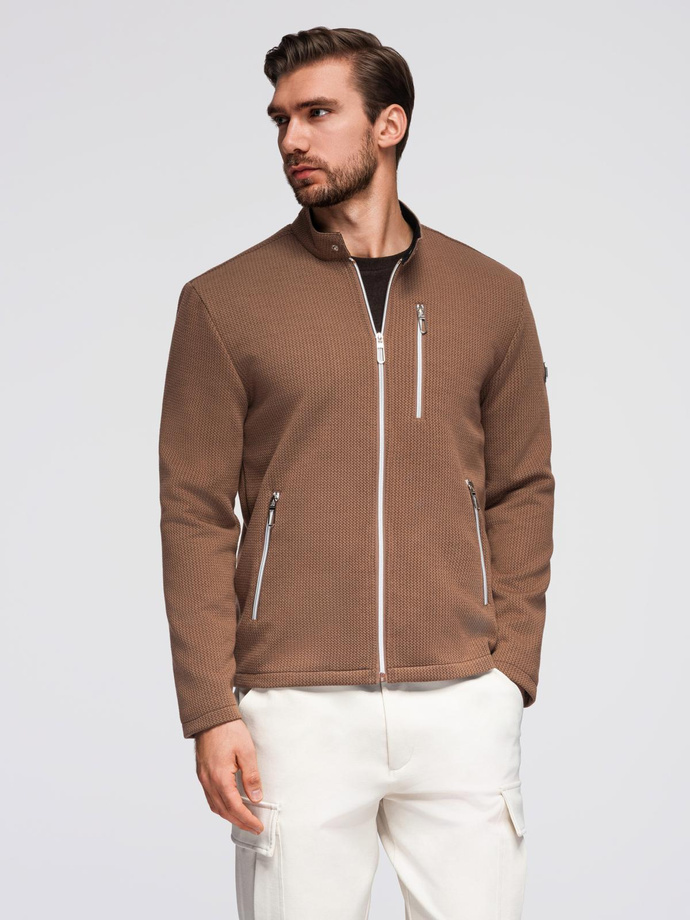 Męska strukturalna kurtka biker ze stójką – brązowa V2 OM-JANP-0229