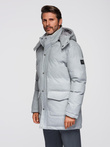 Ciepła długa męska kurtka typu parka z wełną – jasnoszary melanż V3 OM-JALJ-0217