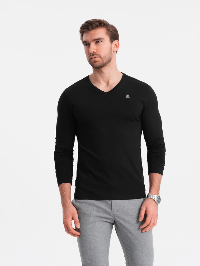 Longsleeve męski z elastanem sygnowany z dekoltem w serek - czarny V3 OM-LSCL-0110