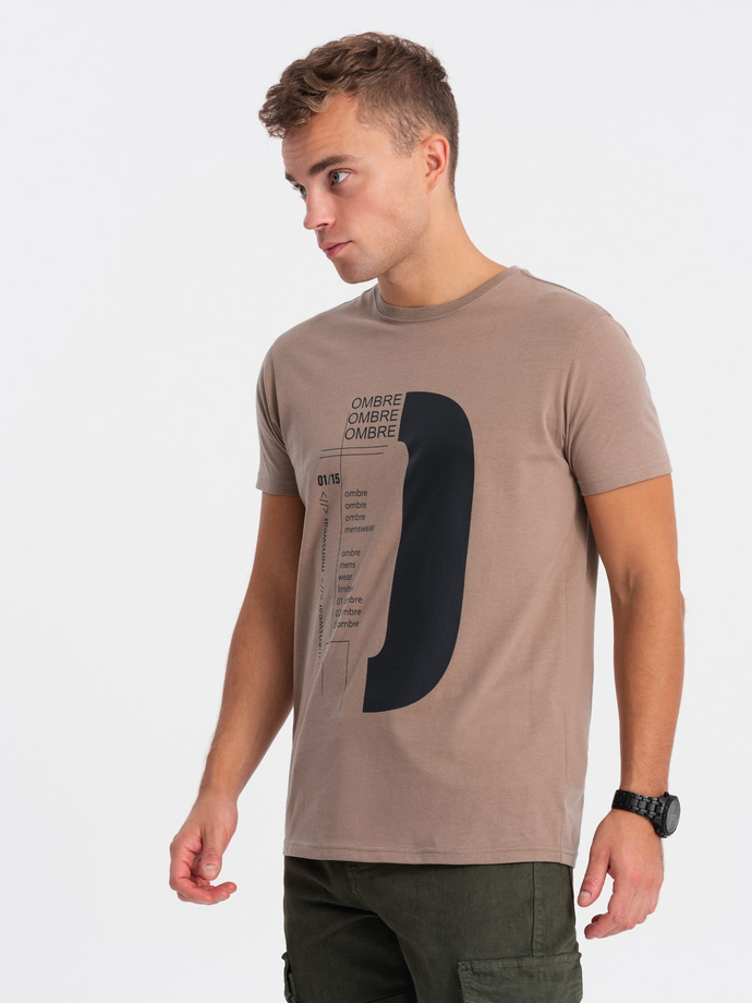 T-shirt męski bawełniany z nadrukiem - jasnobrązowy V2 OM-TSPT-0166