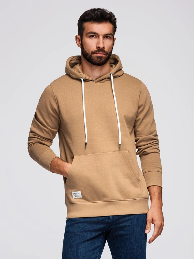 Męska bluza dresowa BASIC kangurka z kapturem - brązowa V2 B1674