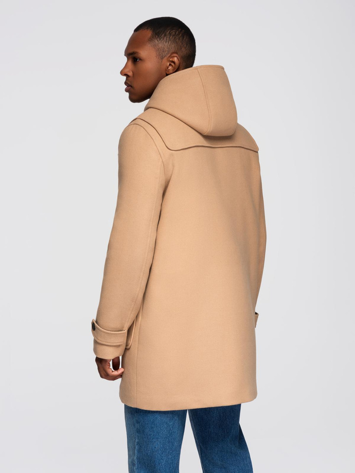 Płaszcz męski z wełną i kapturem duffle coat – jasnobrązowy V1 OM-COWC-0131