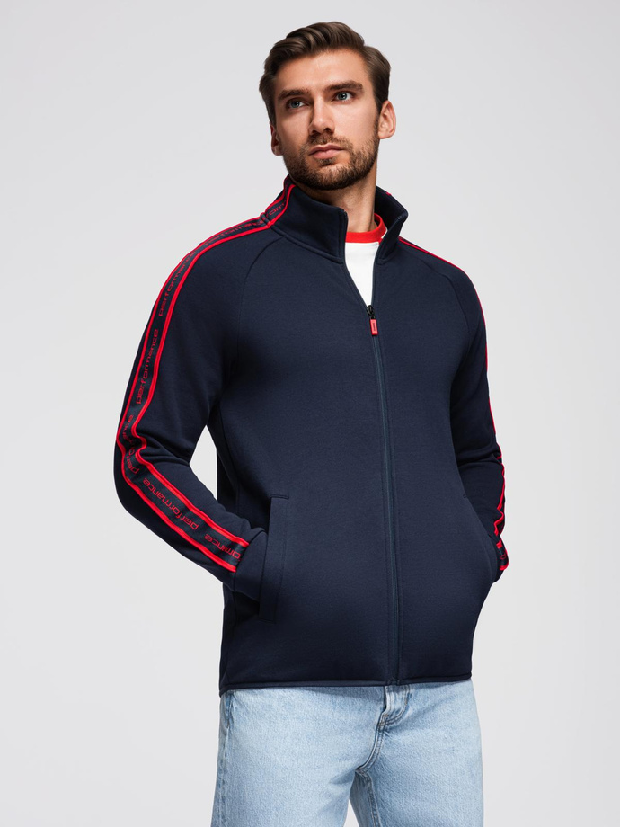 Bluza męska rozpinana z lampasami i wysoką stójką – granatowa V3 OM-SSZP-0224