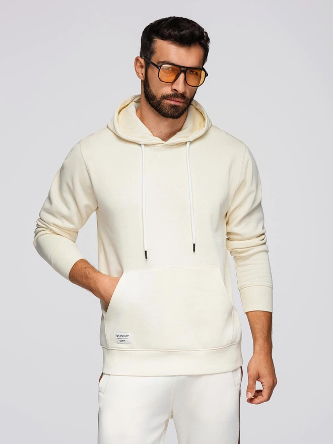 Męska bluza dresowa BASIC kangurka z kapturem - kremowa V11 B1674
