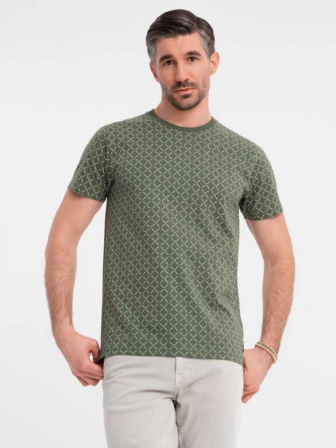 Koszulka męska dzianinowa z nadrukiem full print – oliwkowa V2 OM-TSFP-0250