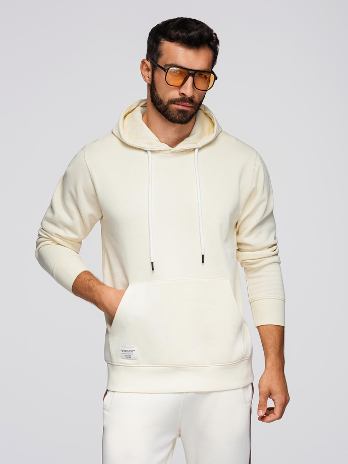 Męska bluza dresowa BASIC kangurka z kapturem - kremowa V11 B1674