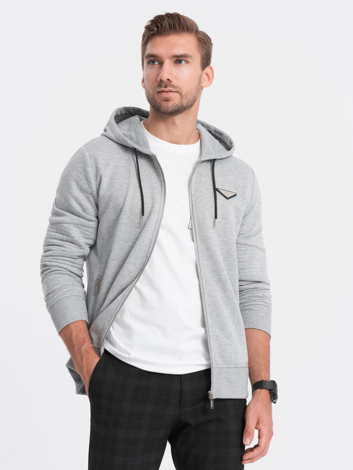 Bluza męska rozpinana z kapturem - szary melanż V2 OM-SSZP-22SS-010