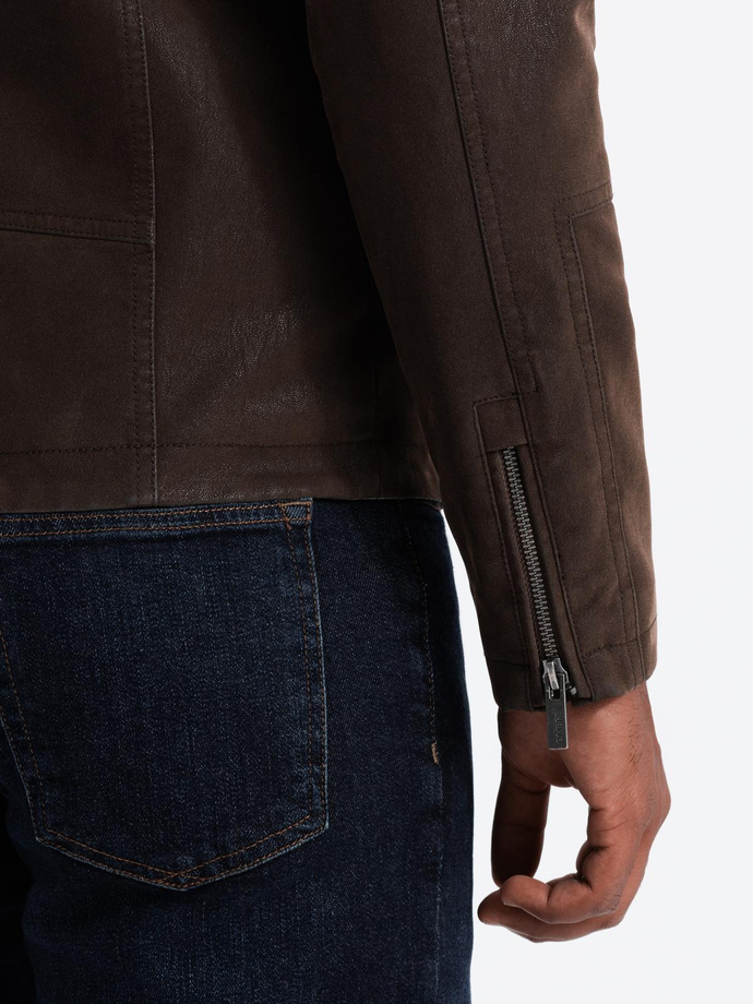 Męska kurtka biker w stylu retro ze stójką – brązowa V1 OM-JAFL-0197