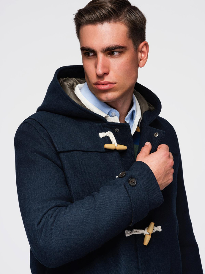 Męski płaszcz z wełną i kapturem duffle coat – granatowy V2 OM-COWC-0131