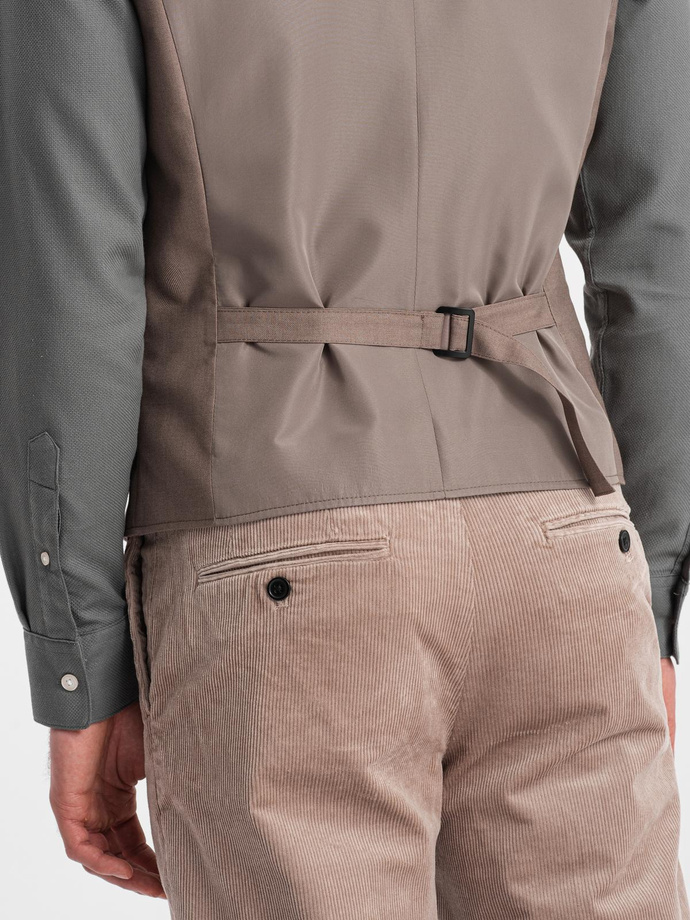 Kamizelka męska garniturowa bez klap - beżowa V2 OM-BLZV-0112