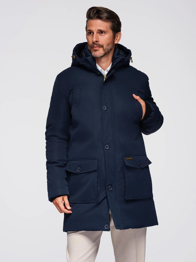 Elegancka męska parka z kieszeniami cargo i kapturem – granatowa V2 OM-JAPJ-0287