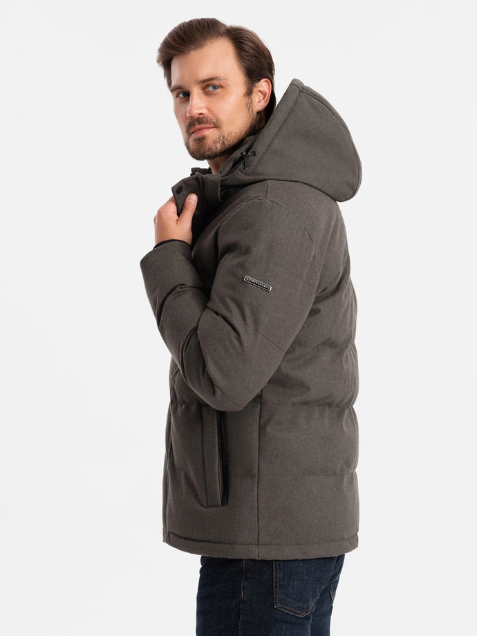 Męska kurtka casualowa puffer z wełną – ciemnooliwkowy melanż V4 OM-JAHP-0203