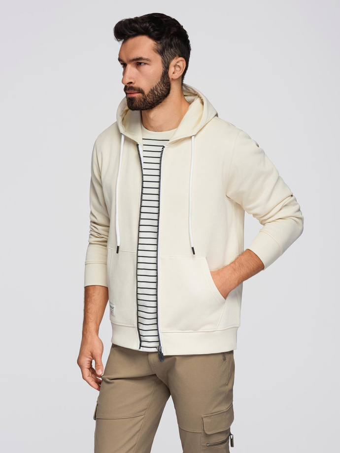 Męska bluza dresowa BASIC rozpinana z kapturem - kremowa V11 OM-SSBZ-0178
