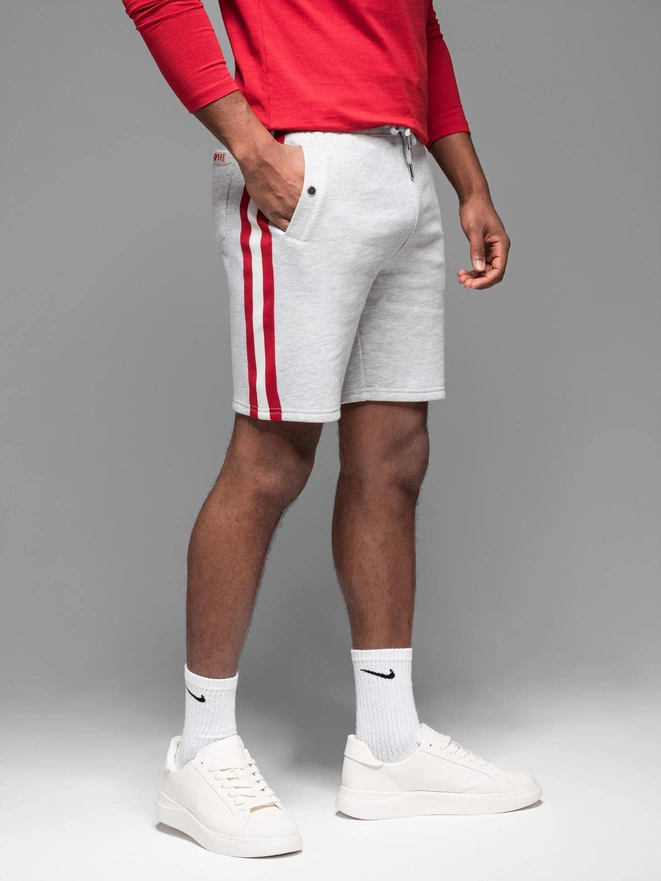 Męskie szorty dresowe z lampasami i ściągaczem w pasie – szary melanż V1 OM-SRSK-0156