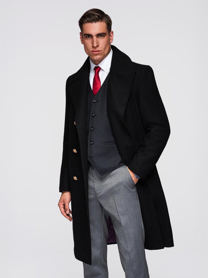 Elegancki militarny dwurzędowy płaszcz męski z wełną - czarny V1 OM-COWC-0145