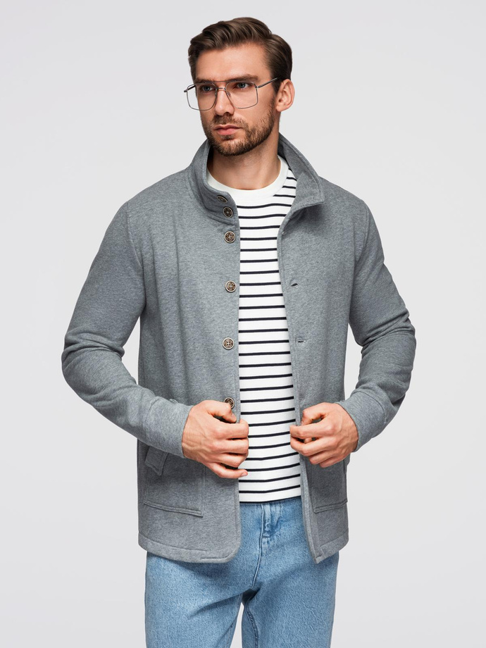 Bluza męska zapinana na guziki ze stójką – szary melanż V7 OM-SSZP-0240