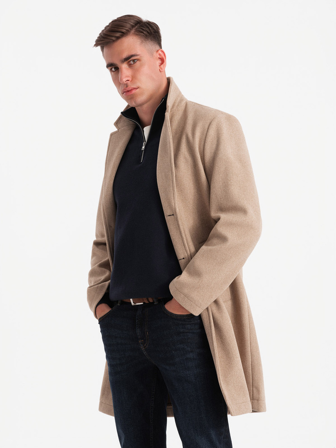 Męski płaszcz jednorzędowy bez podszewki – beżowy V7 C636