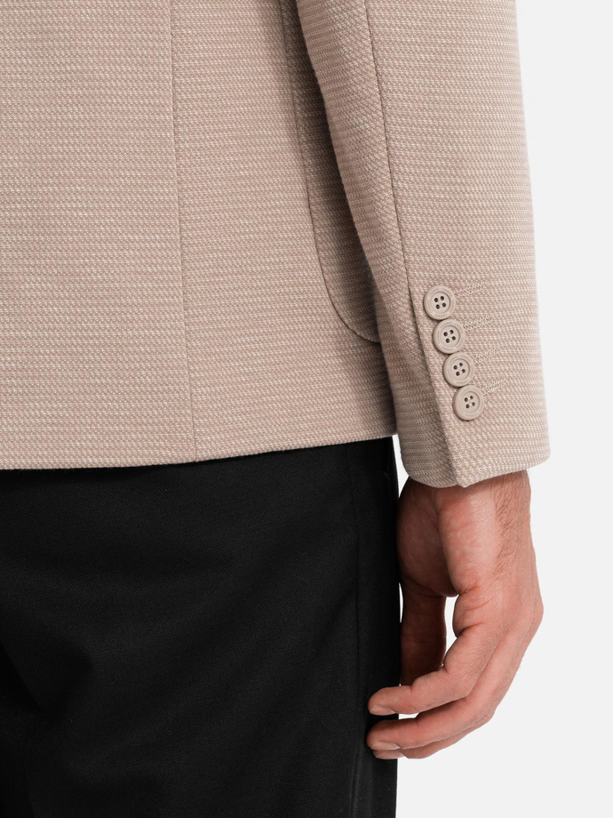Elegancka dopasowana męska marynarka ze strukturalnej dzianiny – beżowa V2 OM-BLZB-0129