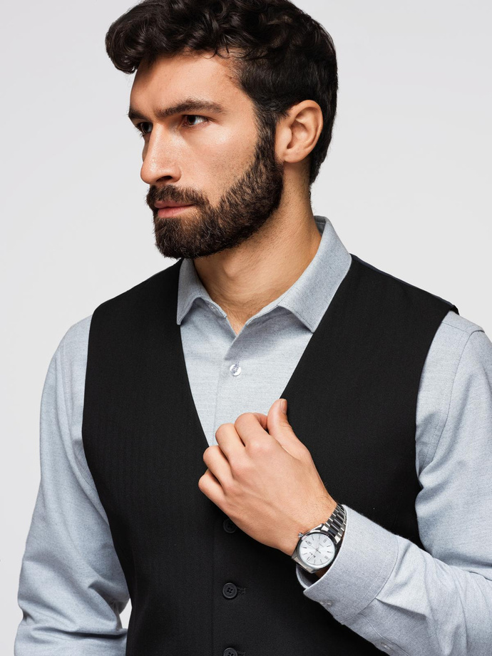 Elegancka męska kamizelka w jodełkę SLIM FIT  - czarna V3 OM-BLZV-0143