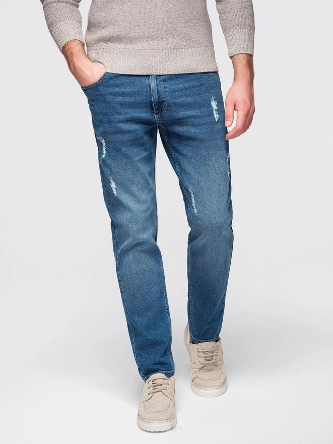 Męskie spodnie jeansowe SLIM FIT z przetarciami - ciemnoniebieskie V2 OM-PADP-0255