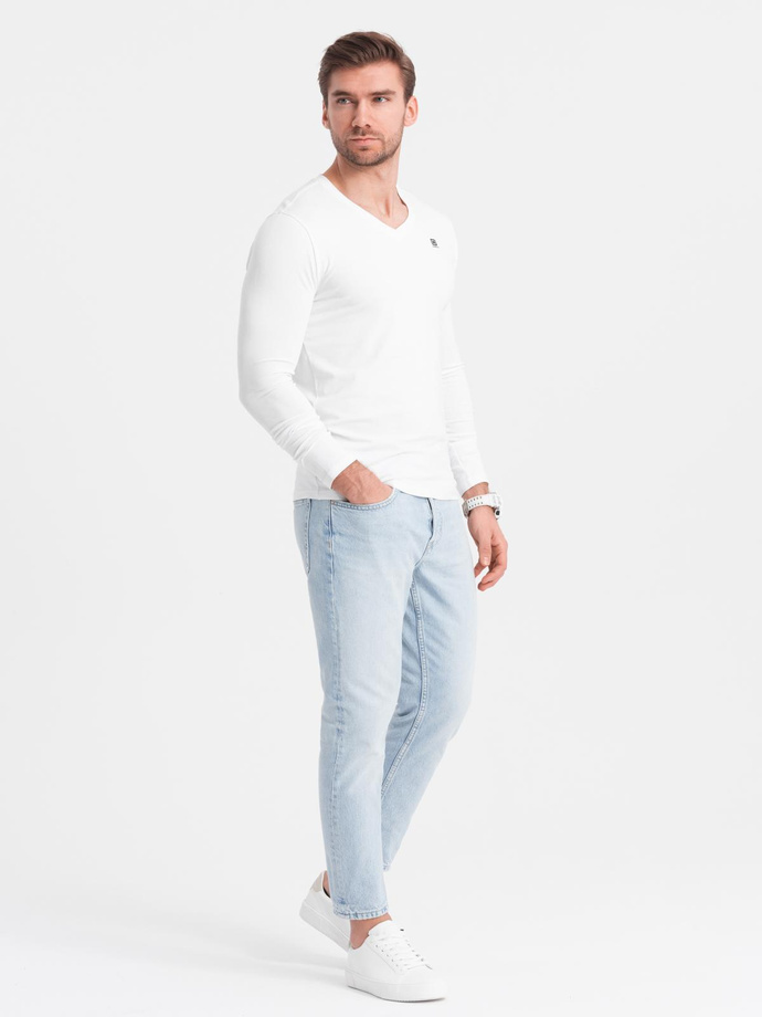 Komplet męskich longsleeve'ów SLIM FIT z dekoltem typu V i logotypem 2-pak – 2x biały V4 Z103