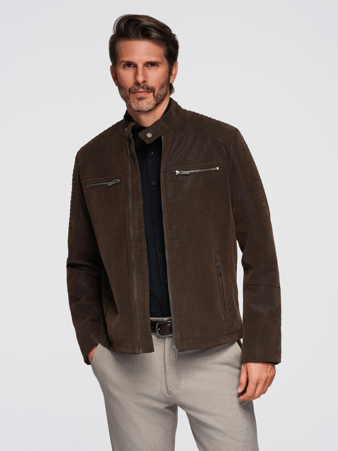Męska kurtka biker w stylu retro ze stójką – brązowa V1 OM-JAFL-0197