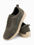 Lekkie zamszowe męskie sneakersy w stylu sportowym – oliwkowe V1 OM-FOSL-0205
