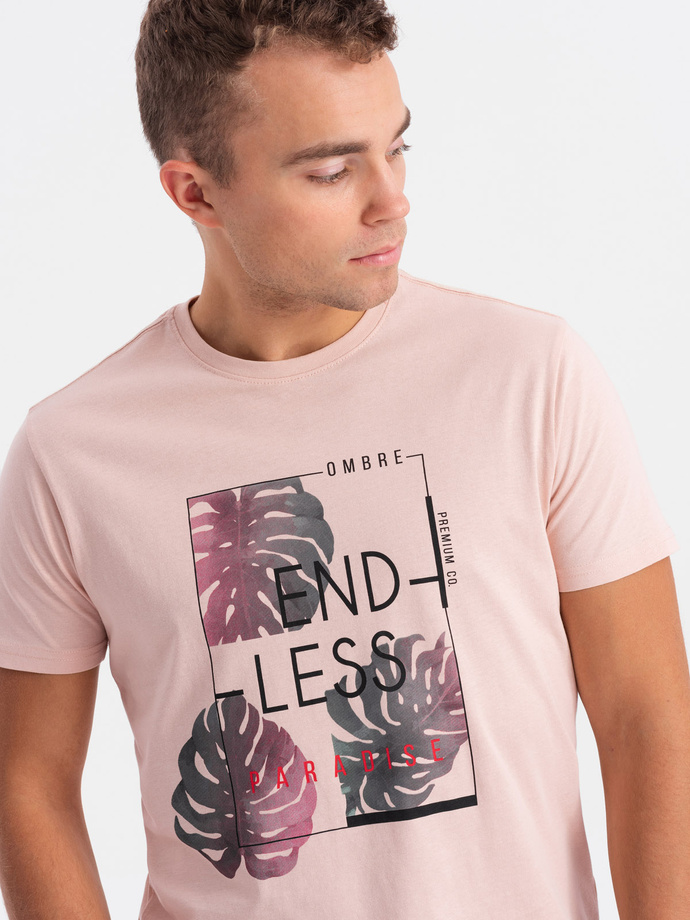 T-shirt męski bawełniany z nadrukiem - jasnoróżowa V2 S1741