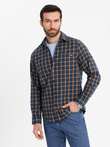 Męska flanelowa koszula w kratę SLIM FIT - granatowo-pomarańczowa V1 OM-SHCS-0145