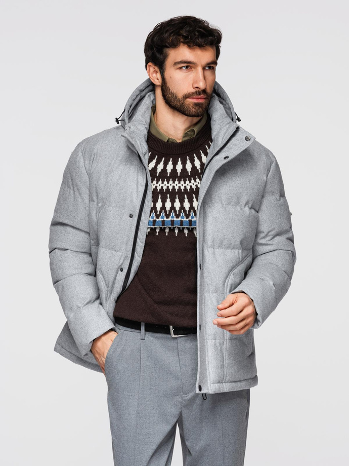 Męska casualowa kurtka puffer z wełną – jasnoszary melanż V3 OM-JAHP-0203